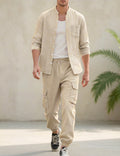 Men's Casual Linen Mandarin Collar Long Sleeve Shirt and Cargo Pants Two Piece Set