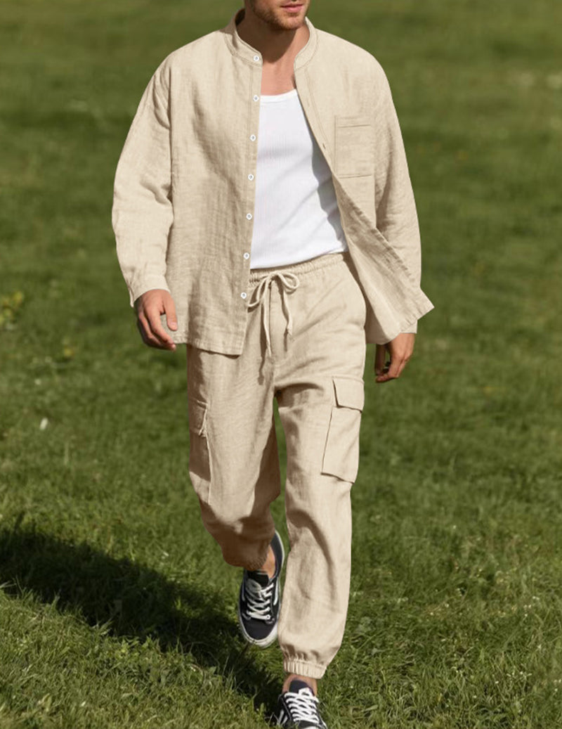 Men's Casual Linen Mandarin Collar Long Sleeve Shirt and Cargo Pants Two Piece Set