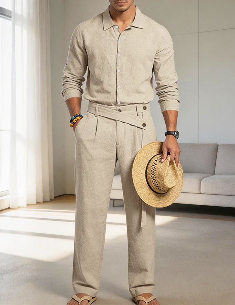 Men's Casual Linen Mandarin Collar Long Sleeve Shirt and Belted Pants Two Piece Set