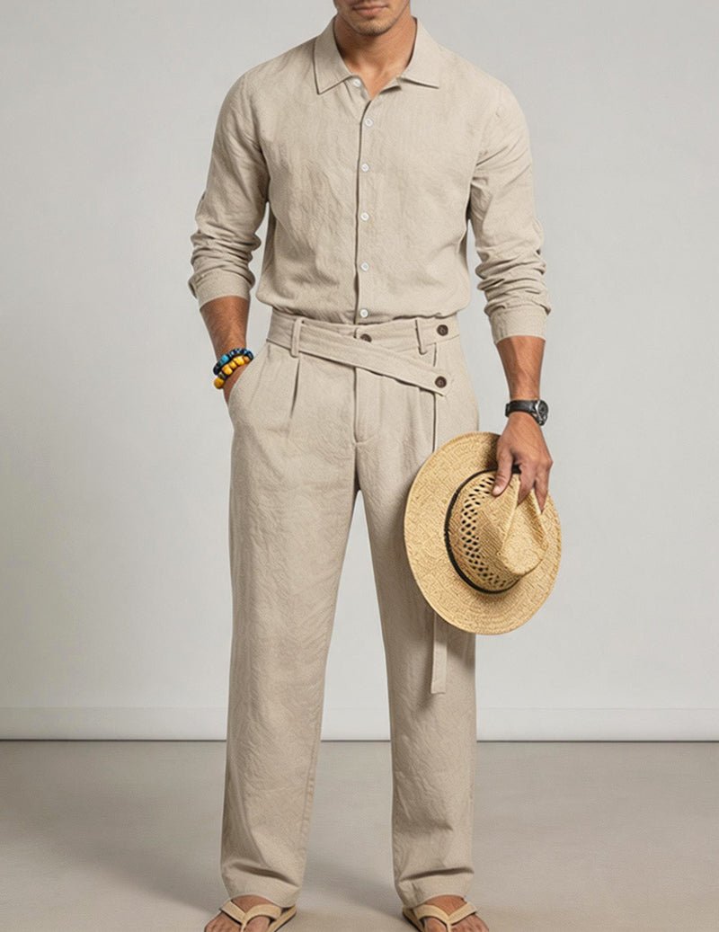 Men's Casual Linen Mandarin Collar Long Sleeve Shirt and Belted Pants Two Piece Set