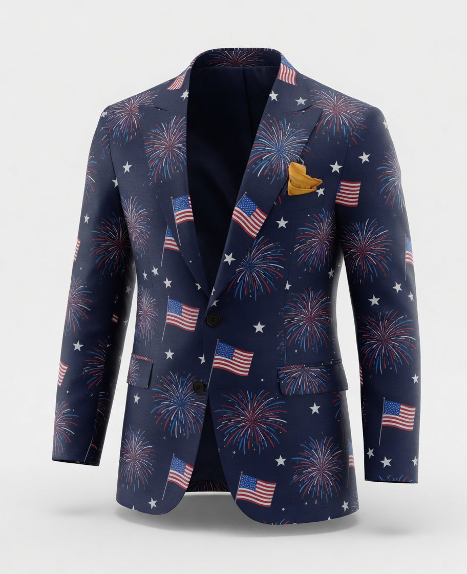 Men's Patriotic Fireworks American Flag Print Blazer â€?Slim Fit Party Jacket