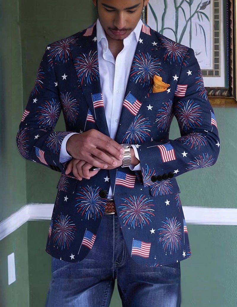 Men's Patriotic Fireworks American Flag Print Blazer â€?Slim Fit Party Jacket
