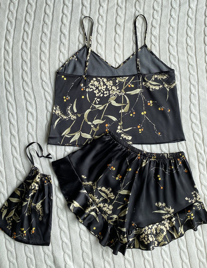Satin Floral Print Cami Pajama Set with Ruffle Shorts