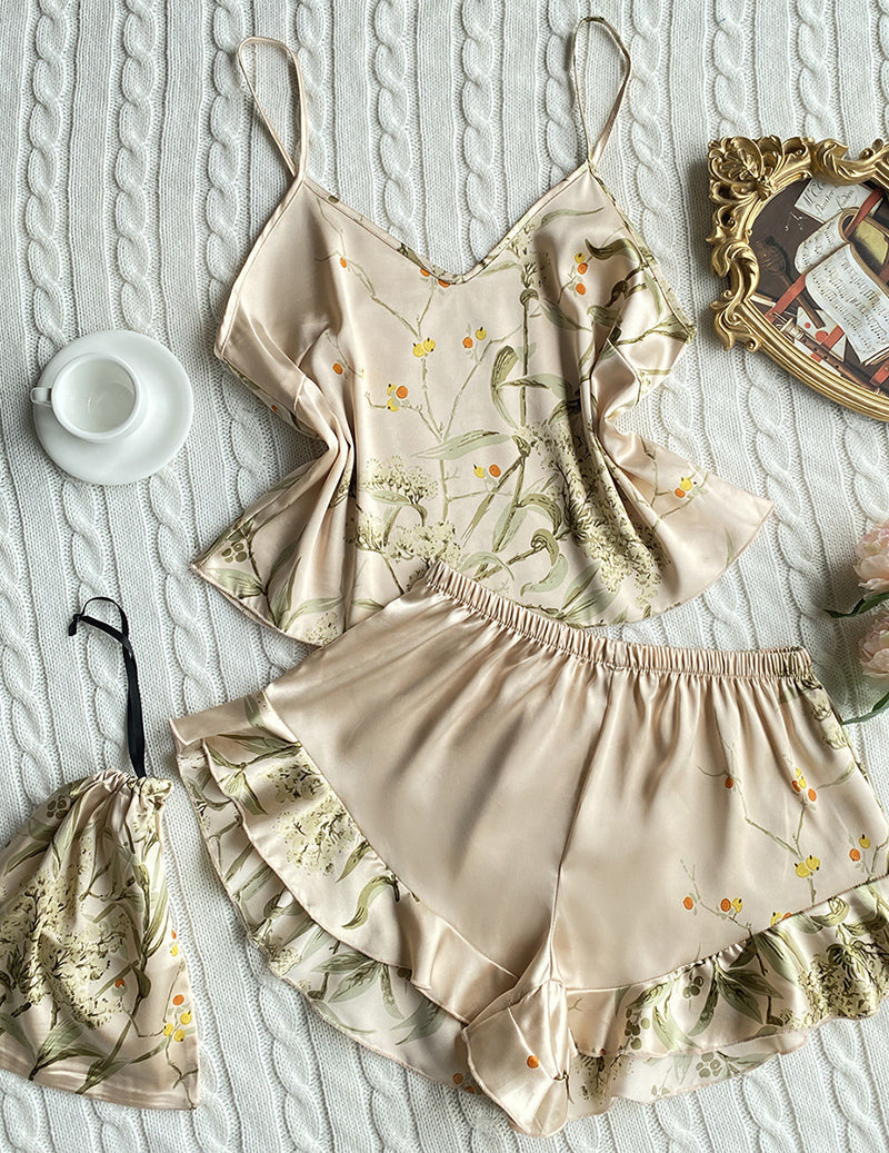 Satin Floral Print Cami Pajama Set with Ruffle Shorts