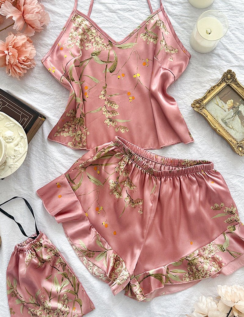 Satin Floral Print Cami Pajama Set with Ruffle Shorts
