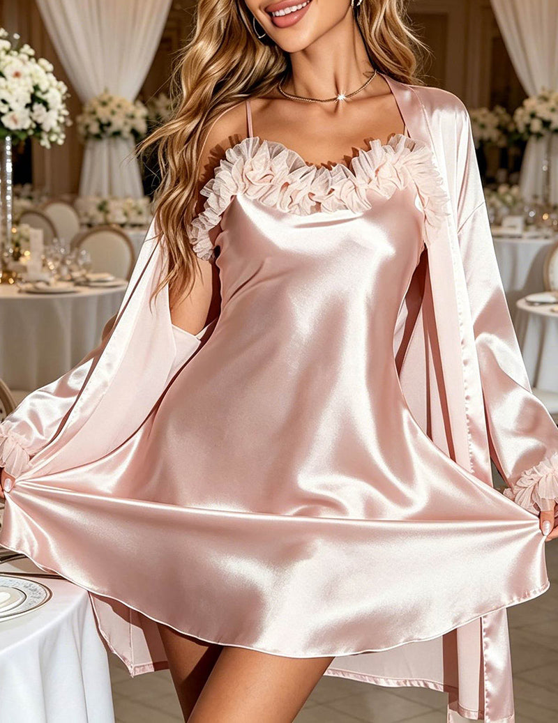 Satin Lace Ruffle Cami Dress & Robe 2-Piece Set