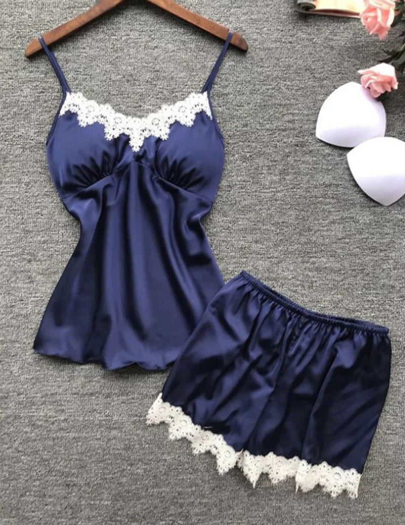 Satin Lace Trim V-Neck Cami Pajama Set