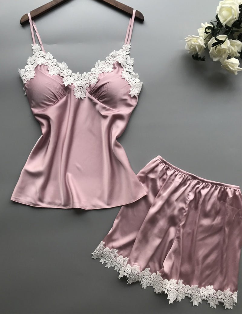 Satin Lace Trim V-Neck Cami Pajama Set