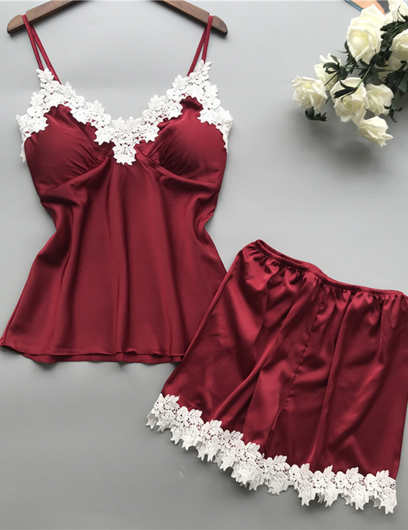 Satin Lace Trim V-Neck Cami Pajama Set