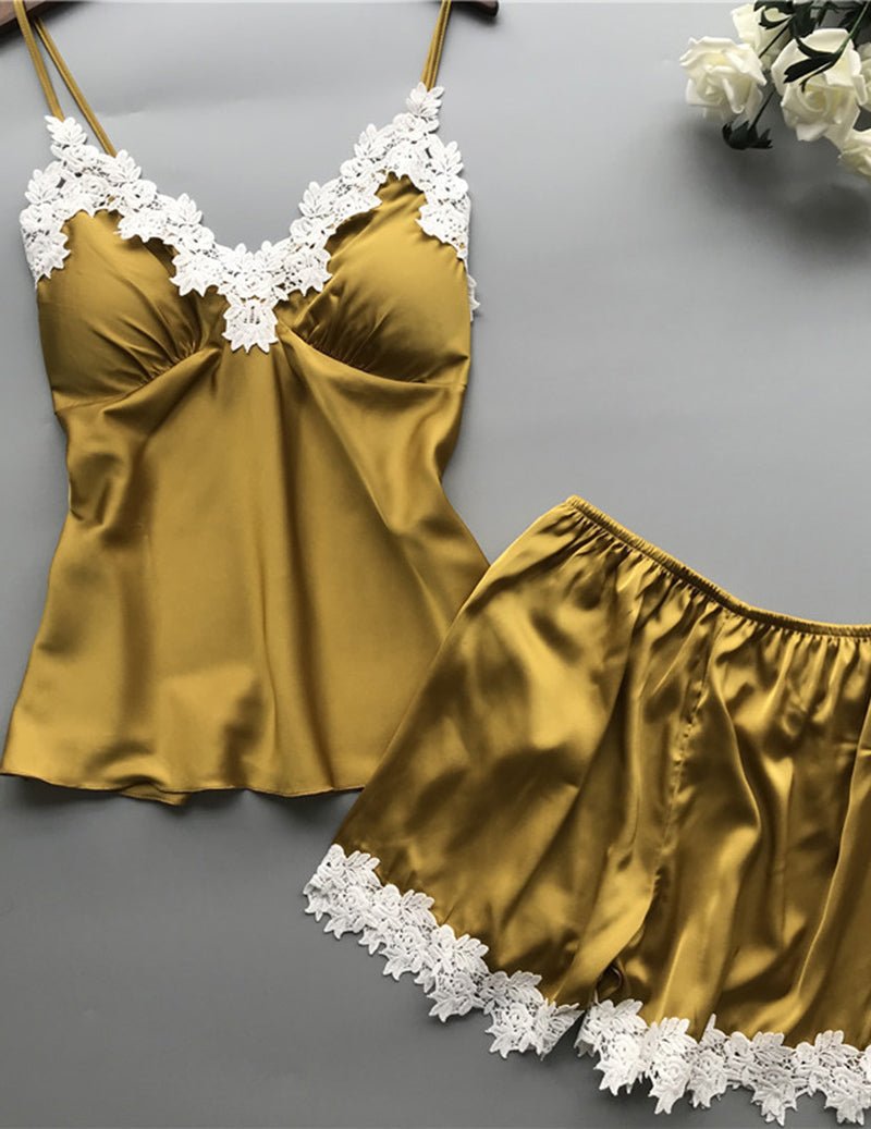 Satin Lace Trim V-Neck Cami Pajama Set