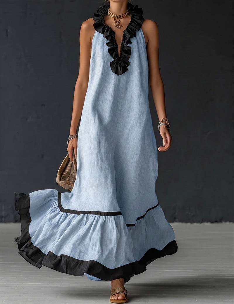 Ruffled Halter Maxi Dress Cotton Linen Sleeveless Gown