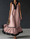 Ruffled Halter Maxi Dress Cotton Linen Sleeveless Gown