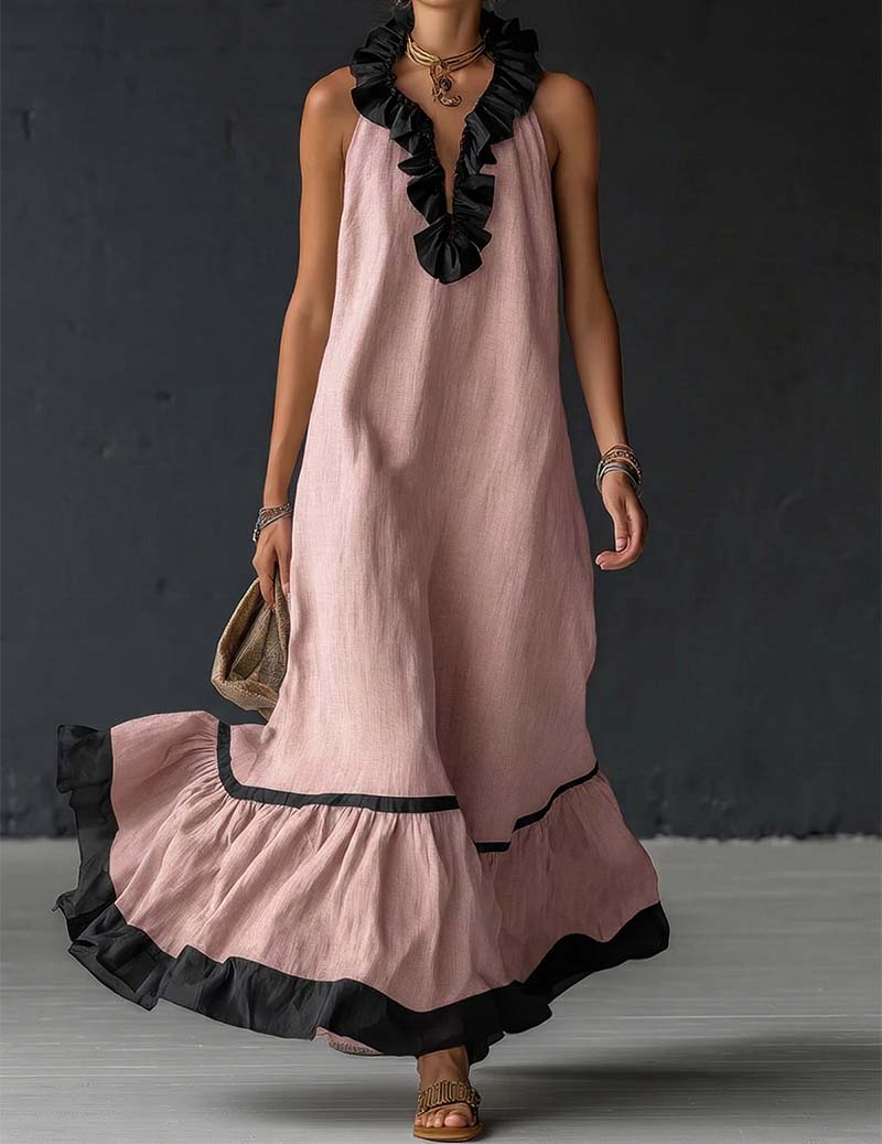 Ruffled Halter Maxi Dress Cotton Linen Sleeveless Gown