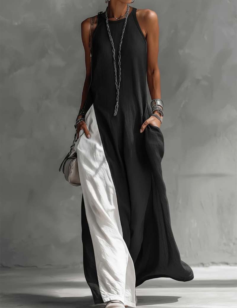 Asymmetric Sleeveless Color-block Side Slit Maxi Dress