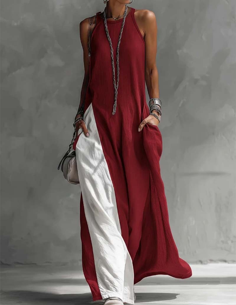 Asymmetric Sleeveless Color-block Side Slit Maxi Dress