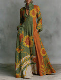 Floral Print Color Block Maxi Dress â€?Long Sleeve Button Down Bohemian Flowy Long Dress