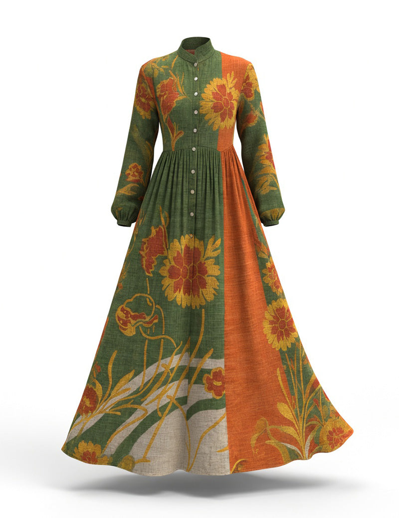 Floral Print Color Block Maxi Dress â€?Long Sleeve Button Down Bohemian Flowy Long Dress