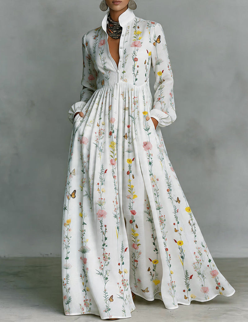 Wildflower Butterfly Print Maxi Dress â€?Long Sleeve Button Down Flowy Bohemian Long Dress