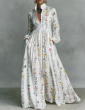 Wildflower Butterfly Print Maxi Dress â€?Long Sleeve Button Down Flowy Bohemian Long Dress
