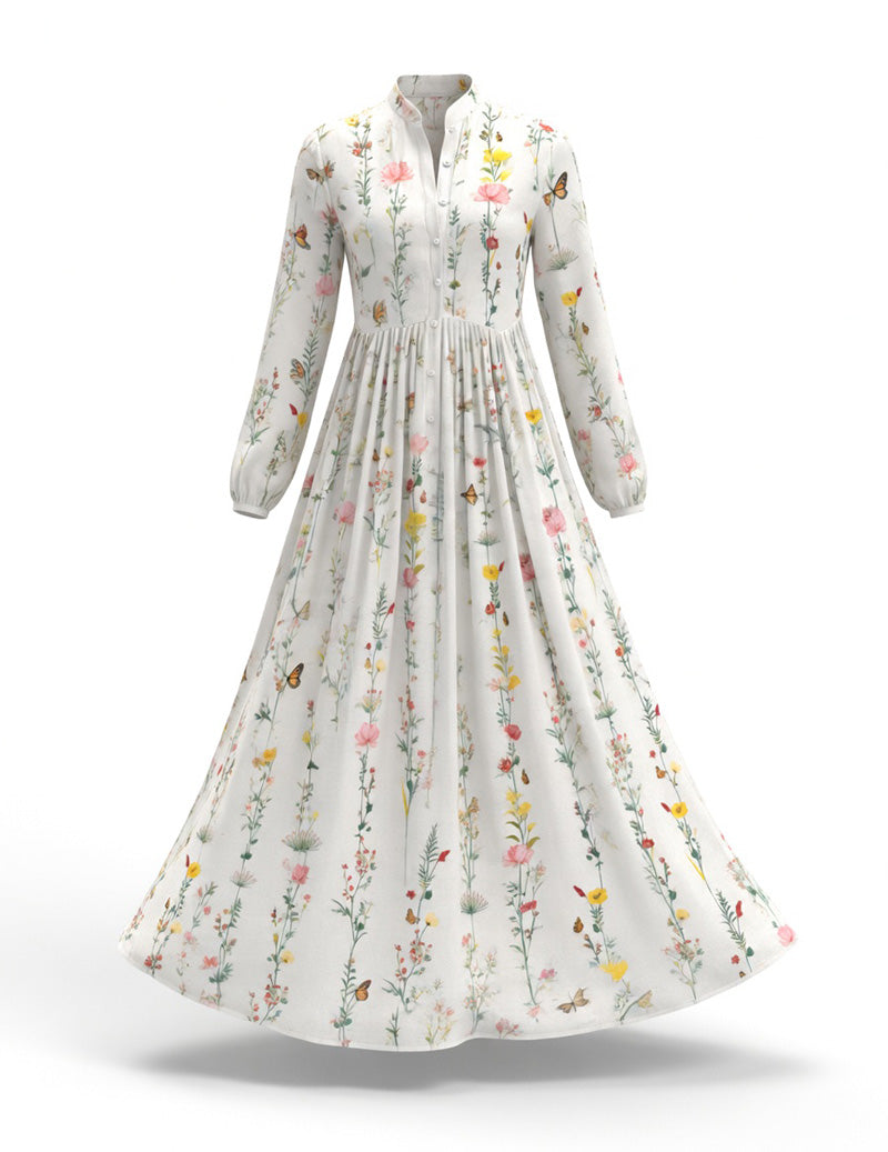 Wildflower Butterfly Print Maxi Dress â€?Long Sleeve Button Down Flowy Bohemian Long Dress