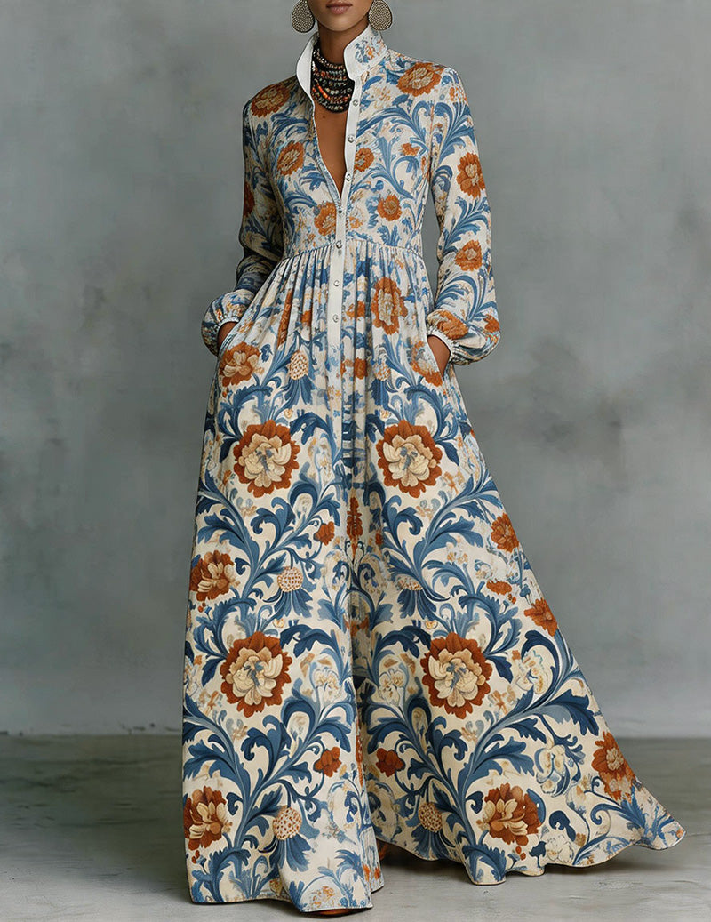 Floral Vine Print Maxi Dress â€?Long Sleeve Button Down Bohemian Flowy Long Dress