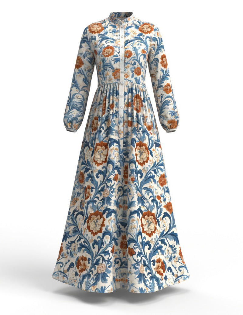 Floral Vine Print Maxi Dress â€?Long Sleeve Button Down Bohemian Flowy Long Dress