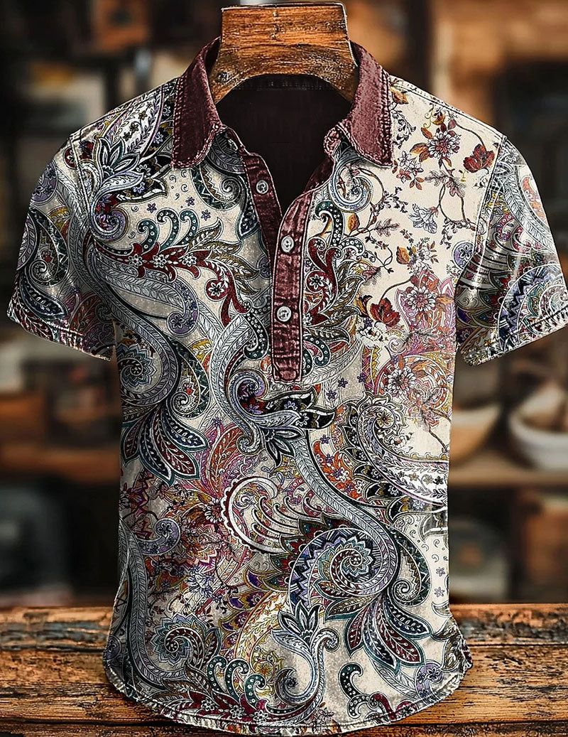 Men's Vintage Ethnic Printed Polo Shirt â€?Short Sleeve Retro Bohemian Shirt