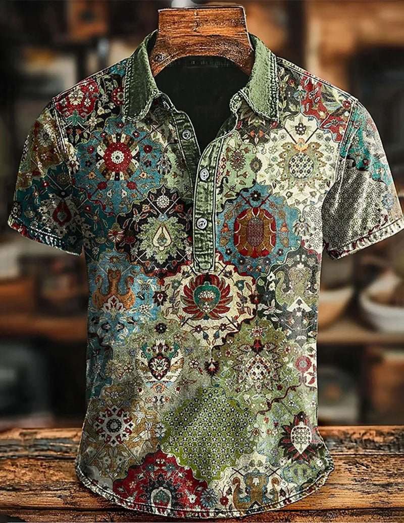Men's Vintage Ethnic Printed Polo Shirt â€?Short Sleeve Retro Bohemian Shirt