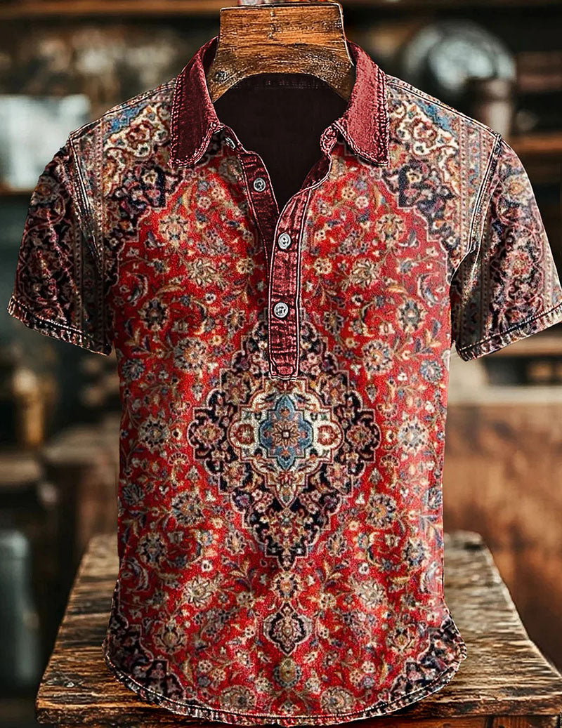 Men's Vintage Ethnic Printed Polo Shirt â€?Short Sleeve Retro Bohemian Shirt