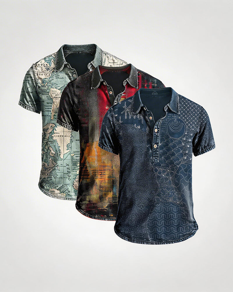 Men's Vintage Printed Polo Shirt â€?Short Sleeve Retro Casual Shirt