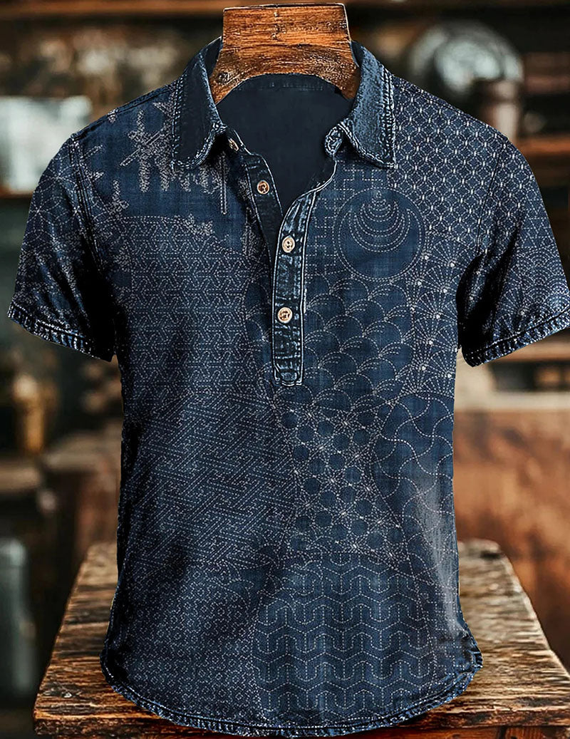 Men's Vintage Printed Polo Shirt â€?Short Sleeve Retro Casual Shirt