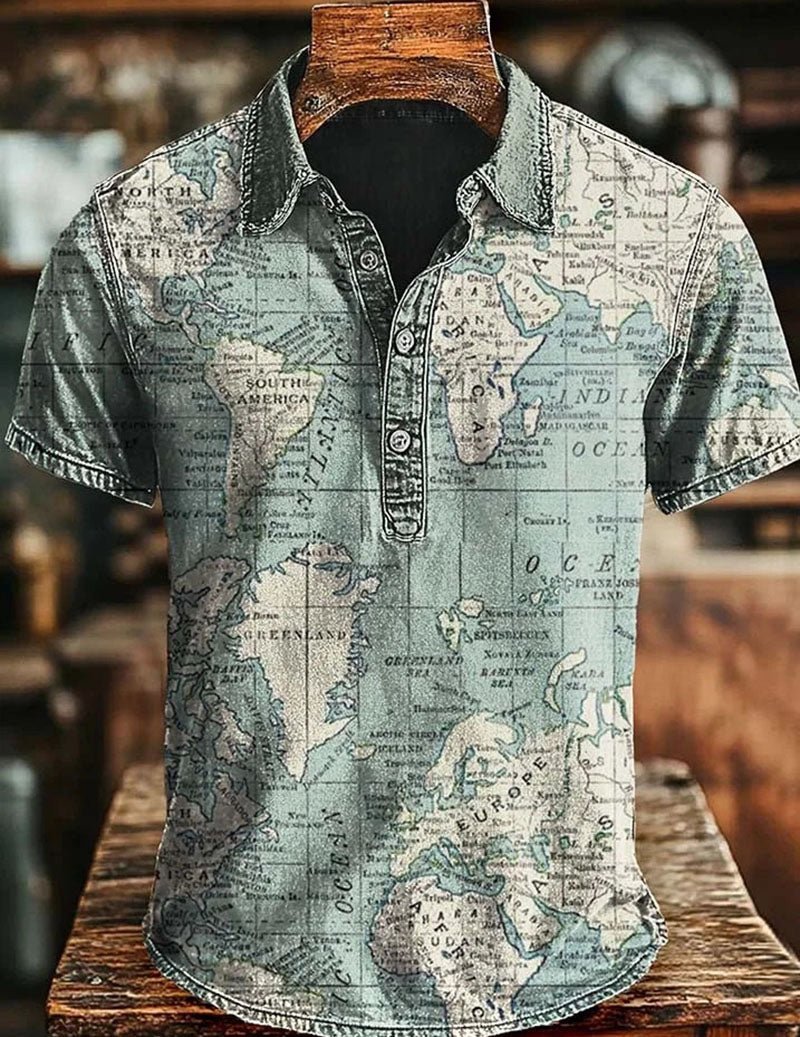 Men's Vintage Printed Polo Shirt â€?Short Sleeve Retro Casual Shirt