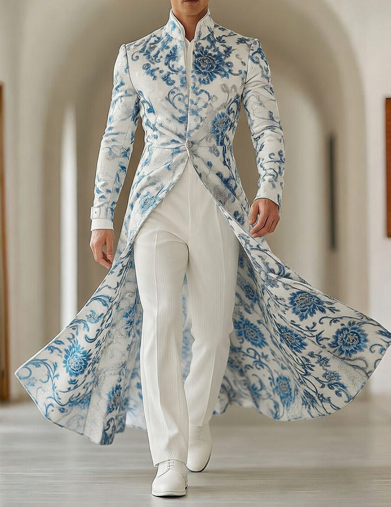 Men's Blue Floral Embroidered Tailcoat â€?Mandarin Collar Long Jacket