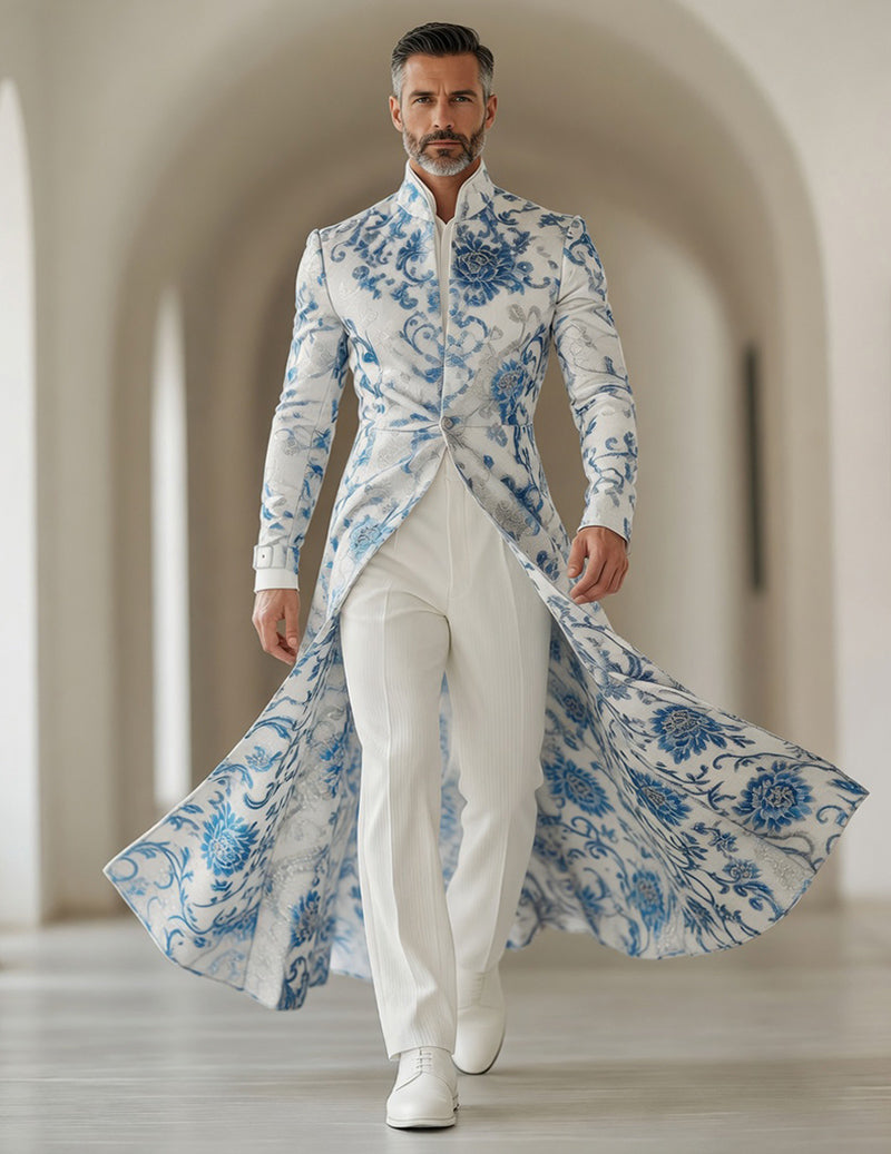 Men's Blue Floral Embroidered Tailcoat â€?Mandarin Collar Long Jacket