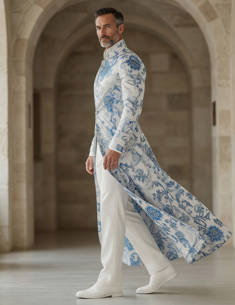 Men's Blue Floral Embroidered Tailcoat â€?Mandarin Collar Long Jacket