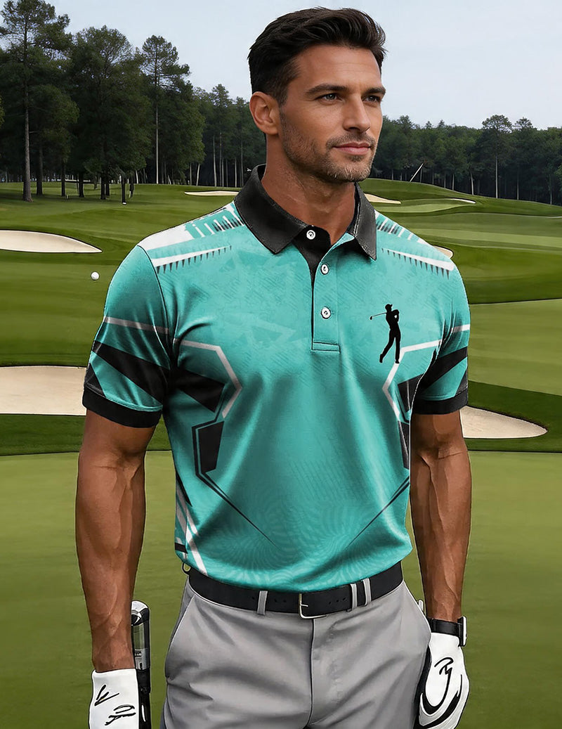 Men's Turquoise Polo Shirt â€?Slim Fit Geometric Print Polo Tops