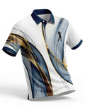 Men's White Golf Polo Shirt â€?Slim Fit Abstract Gold Blue Swirl Print Polo
