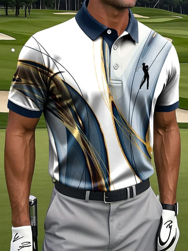 Men's White Golf Polo Shirt â€?Slim Fit Abstract Gold Blue Swirl Print Polo