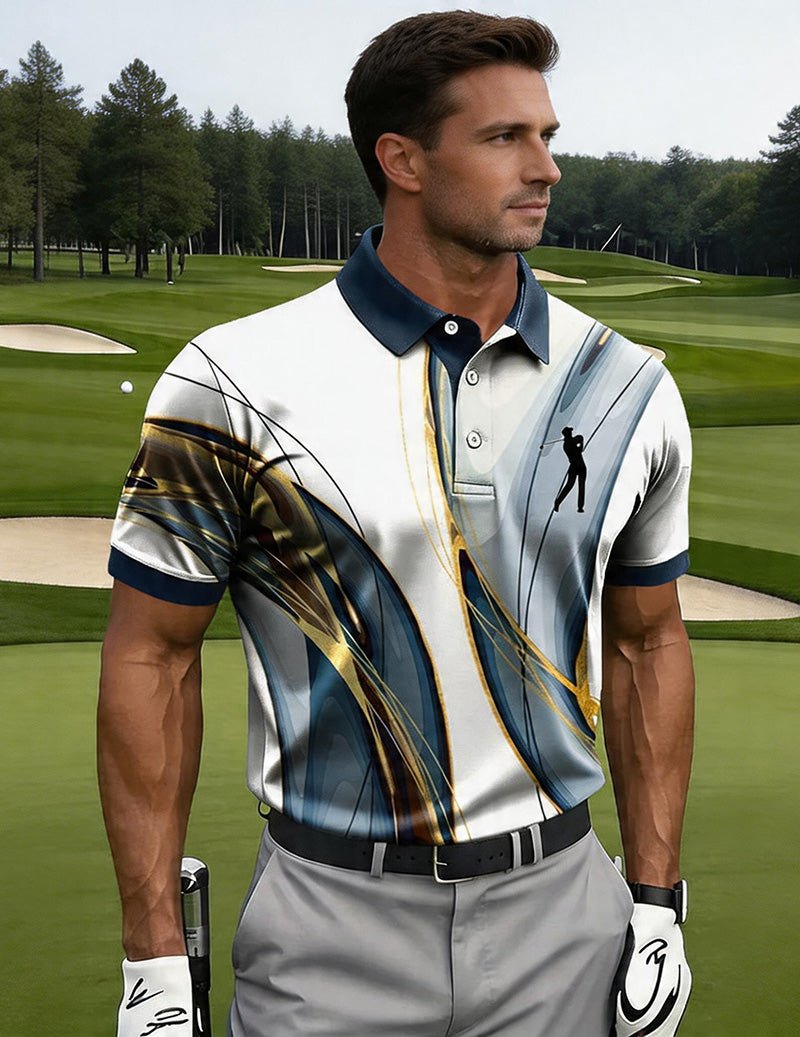 Men's White Golf Polo Shirt â€?Slim Fit Abstract Gold Blue Swirl Print Polo