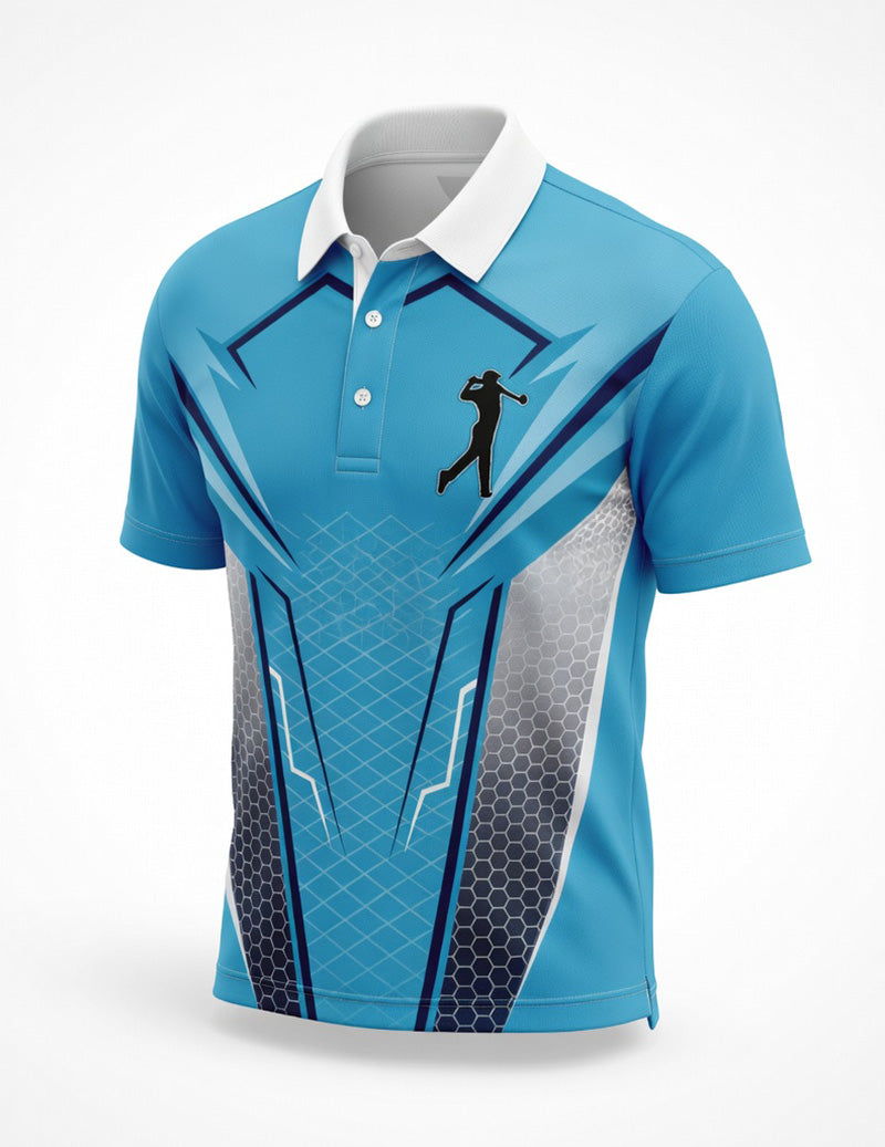 Men's Light Blue Golf Polo Shirt â€?Slim Fit Geometric Print Polo