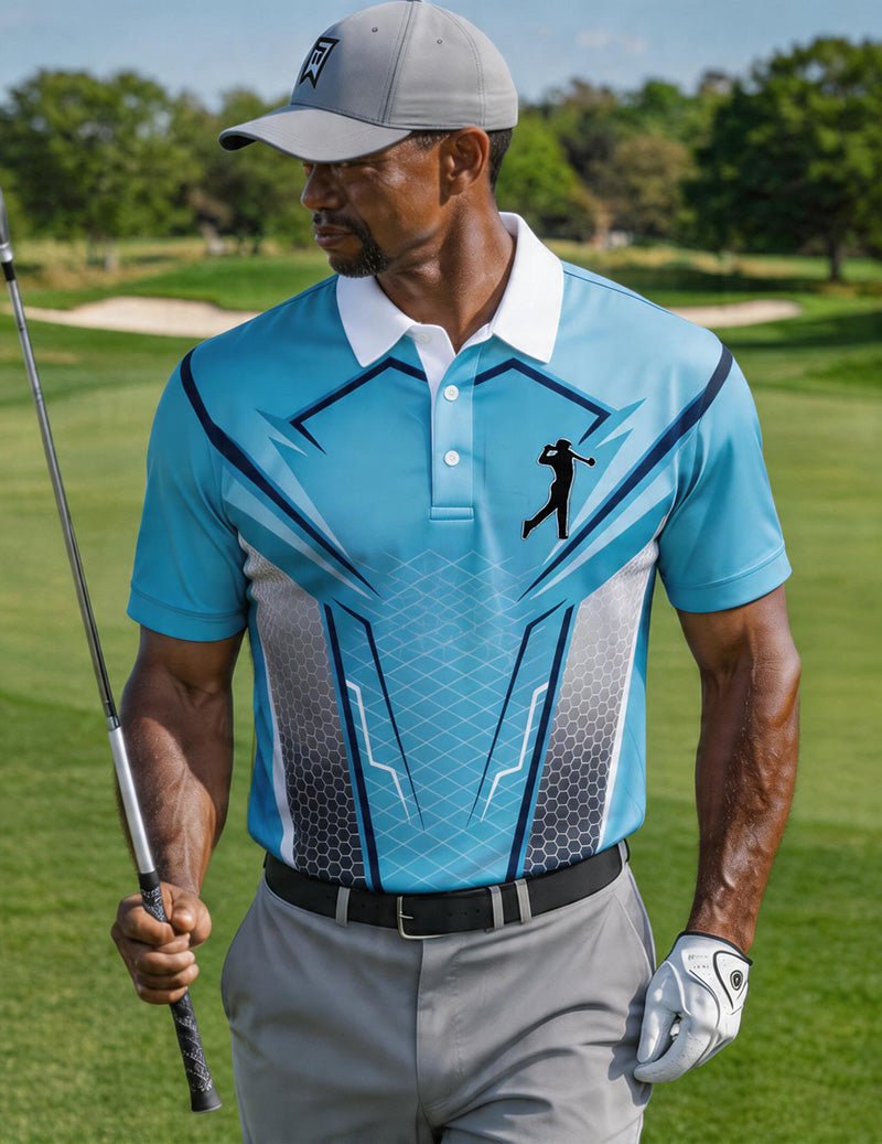 Men's Light Blue Golf Polo Shirt â€?Slim Fit Geometric Print Polo