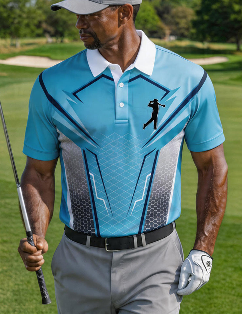 Men's Light Blue Golf Polo Shirt â€?Slim Fit Geometric Print Polo