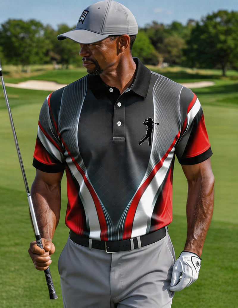 Men's Black Red Geometric Golf Polo Shirt â€?Slim Fit Performance Polo