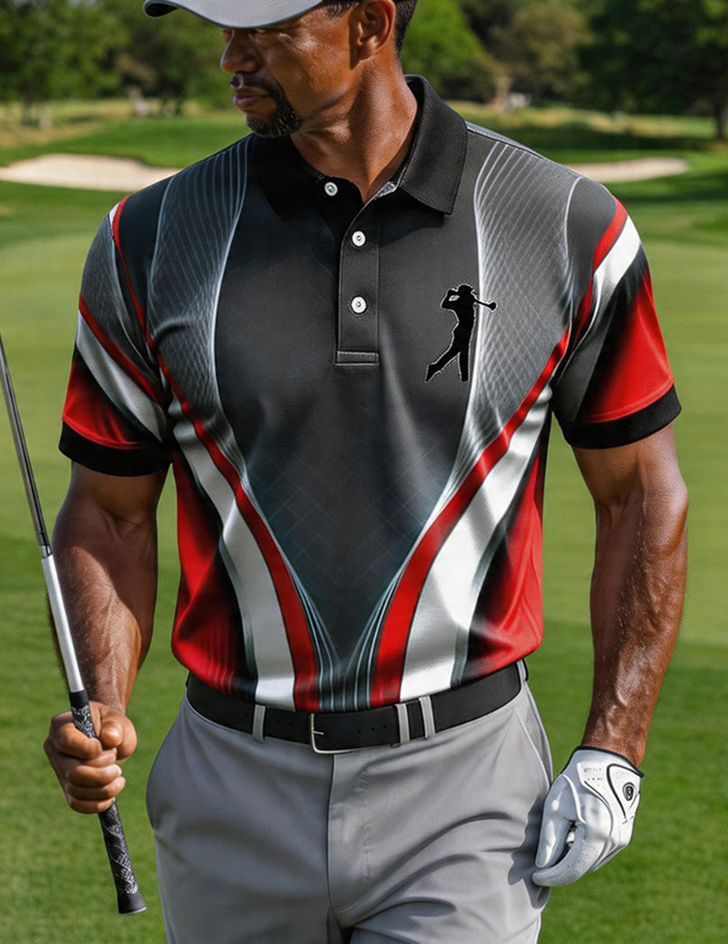 Men's Black Red Geometric Golf Polo Shirt â€?Slim Fit Performance Polo