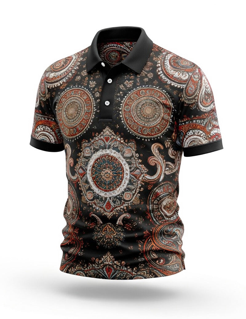Men's Black Mandala Paisley Golf Polo Shirt â€?Slim Fit Ornate Print Polo