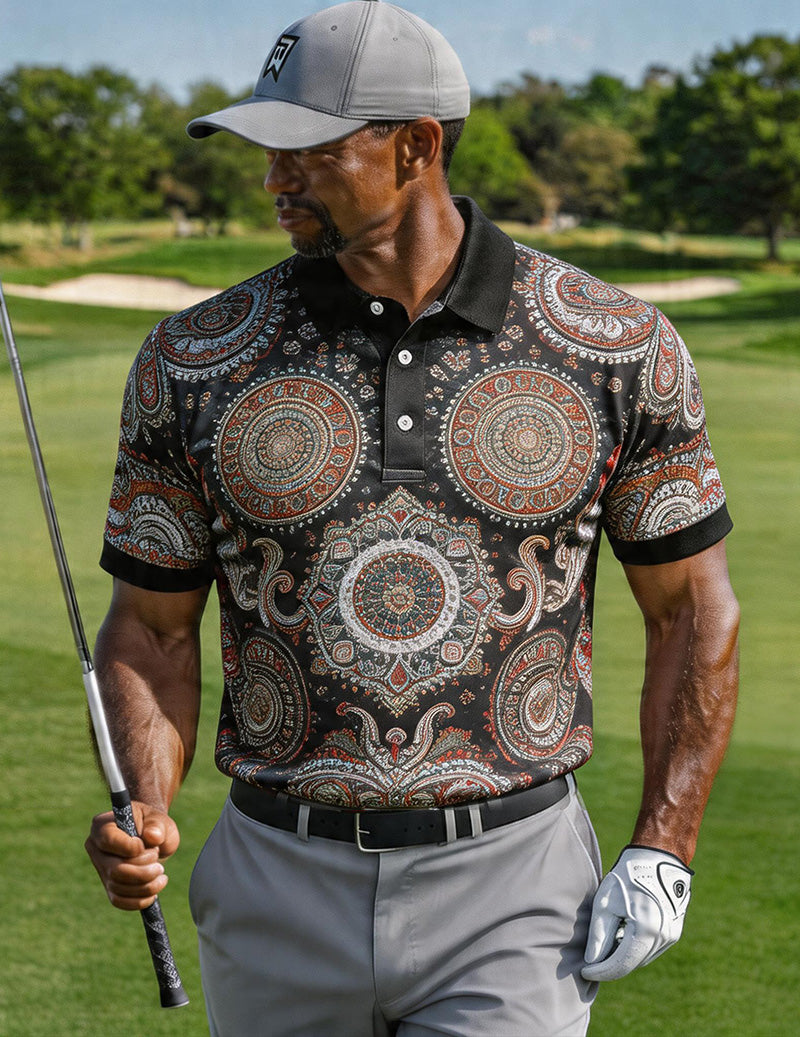 Men's Black Mandala Paisley Golf Polo Shirt â€?Slim Fit Ornate Print Polo