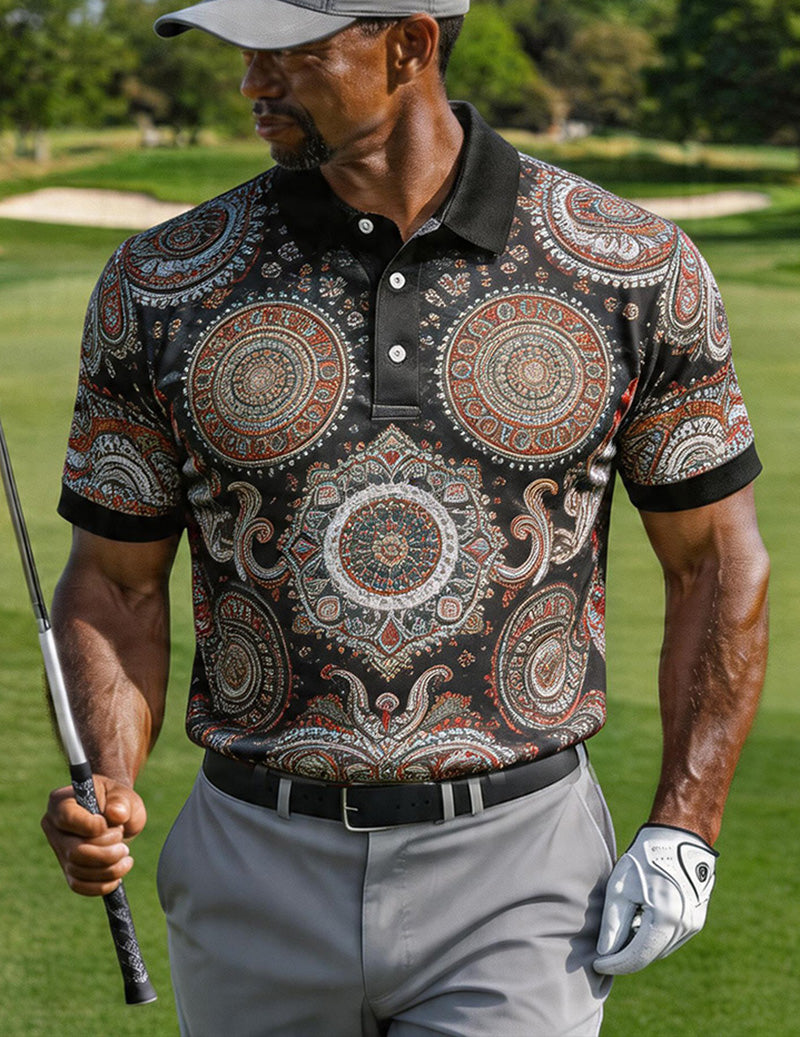 Men's Black Mandala Paisley Golf Polo Shirt â€?Slim Fit Ornate Print Polo