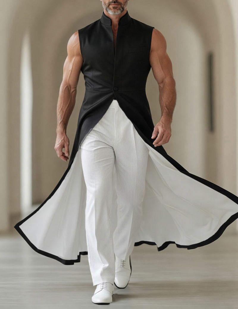 Men's Sleek Sleeveless Mandarin Collar Long Tailcoat Jacket â€?Flowing Tail Vest Coat