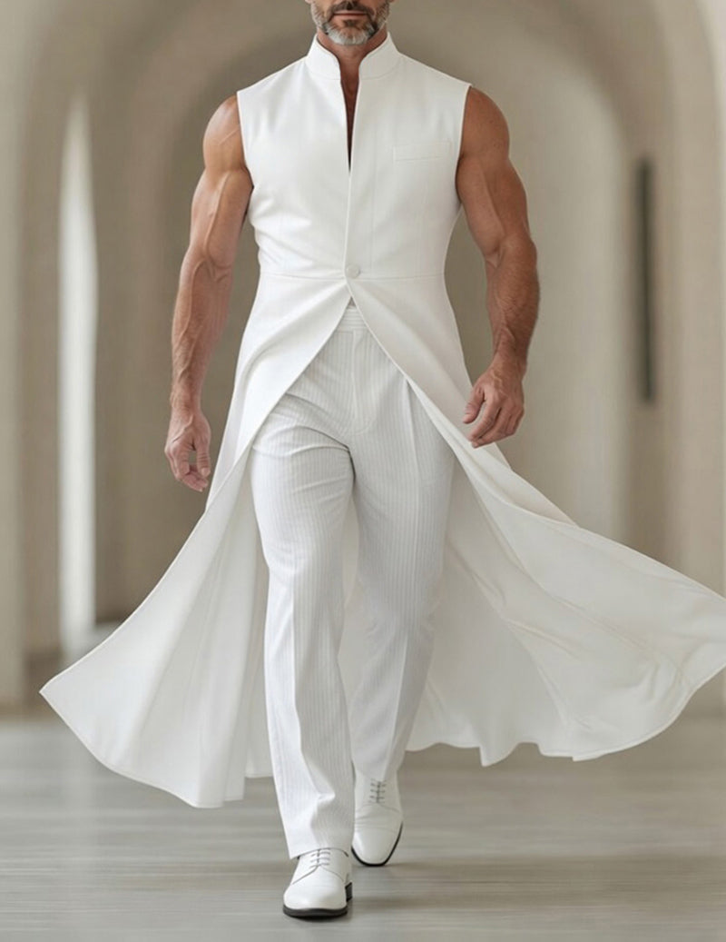 Men's Sleek Sleeveless Mandarin Collar Long Tailcoat Jacket â€?Flowing Tail Vest Coat