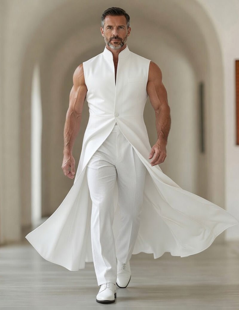 Men's Sleek Sleeveless Mandarin Collar Long Tailcoat Jacket â€?Flowing Tail Vest Coat